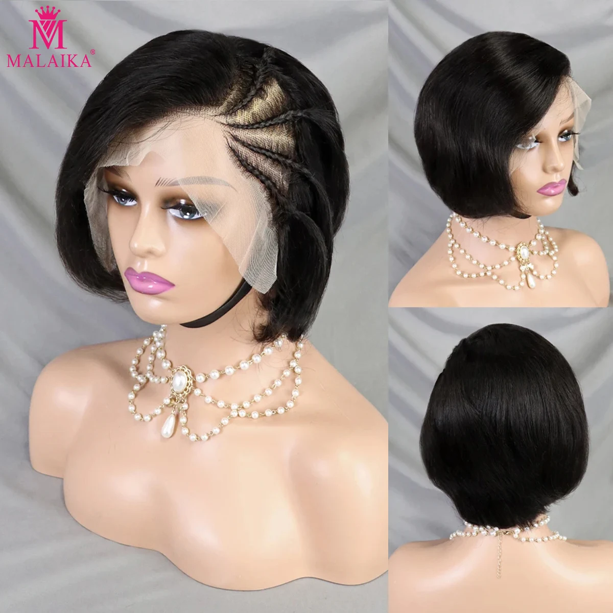 

MALAIKA Pixie Cut Bob Straight Human Hair Lace Frontal Wig Braid 13X4 Lace Glueless Wigs Cheap Remy Hair For Women Ready to Wear