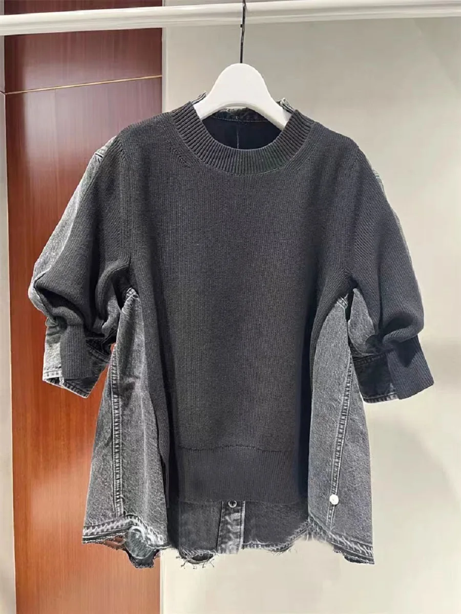 

FOG SACAI SS2024 Loose Knitted f Sve Denim Patchwork Women's Sweater Simple Sle Cotton Blend ort Sve Top