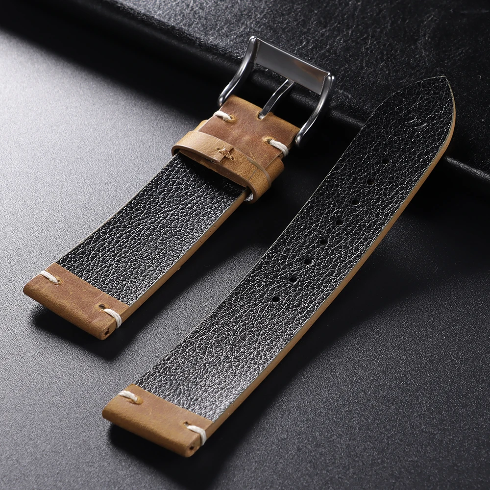18mm 20mm 21mm 22mm Öl-Wachs-Leder-Uhrenarmband Braun Weiches Vintage-Armband für Herren Handgefertigtes Genähtes Rindslederband für Omega-Uhren – Detail 16