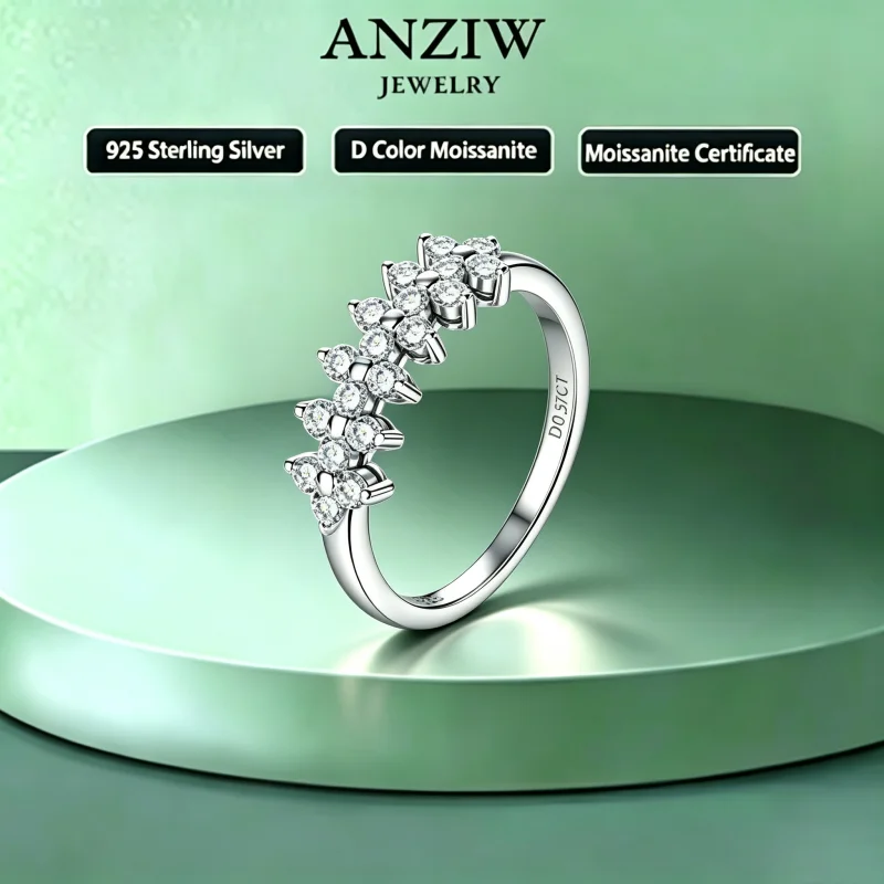 Anziw Fashion 2mm D All Moissanite Rings for Women 925 Silver Flower Eternity Ring Bands Daily Wear Finger Jewelry Gifts 2025