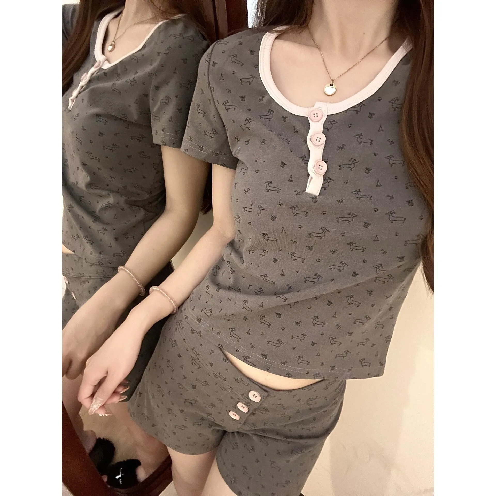 

2Pcswomen's Pajamasshort Sleeved Pajama Setsummer Pajamascomfortable and Soft Pajamashomewear Setdog Print Short Sleeved