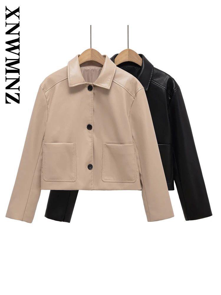 

XNWMNZ 2025 Autumn Woman's Fashion Commuting Turn-down Collar Imitation Leather Jacket Simple Casual Long Sleeve Leather Jacket