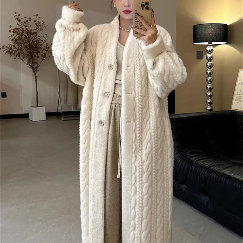 Women Sweaters Long Sleeve V Neck Solid Thick Jumpers Button High Street Cardigan Knit Pocket Slight Strech Patchwork Regular