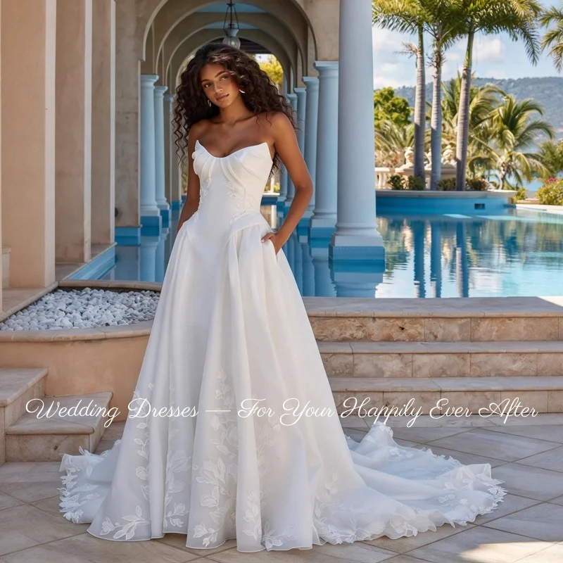 Classic Sweetheart Bridal Dress Satin A Line Backless Button Back Lace Details Simple Wedding Gown Vestidos De Novia Customized