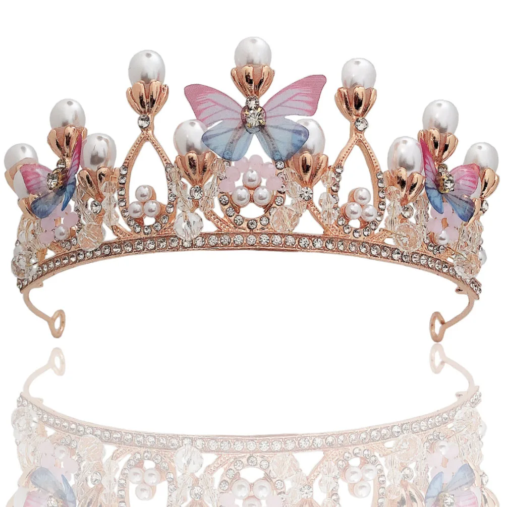 Model Catwalk Rhinestone Tiara Handmade Princess Crown Pearl Headband Butterfly Tiaras for Girls