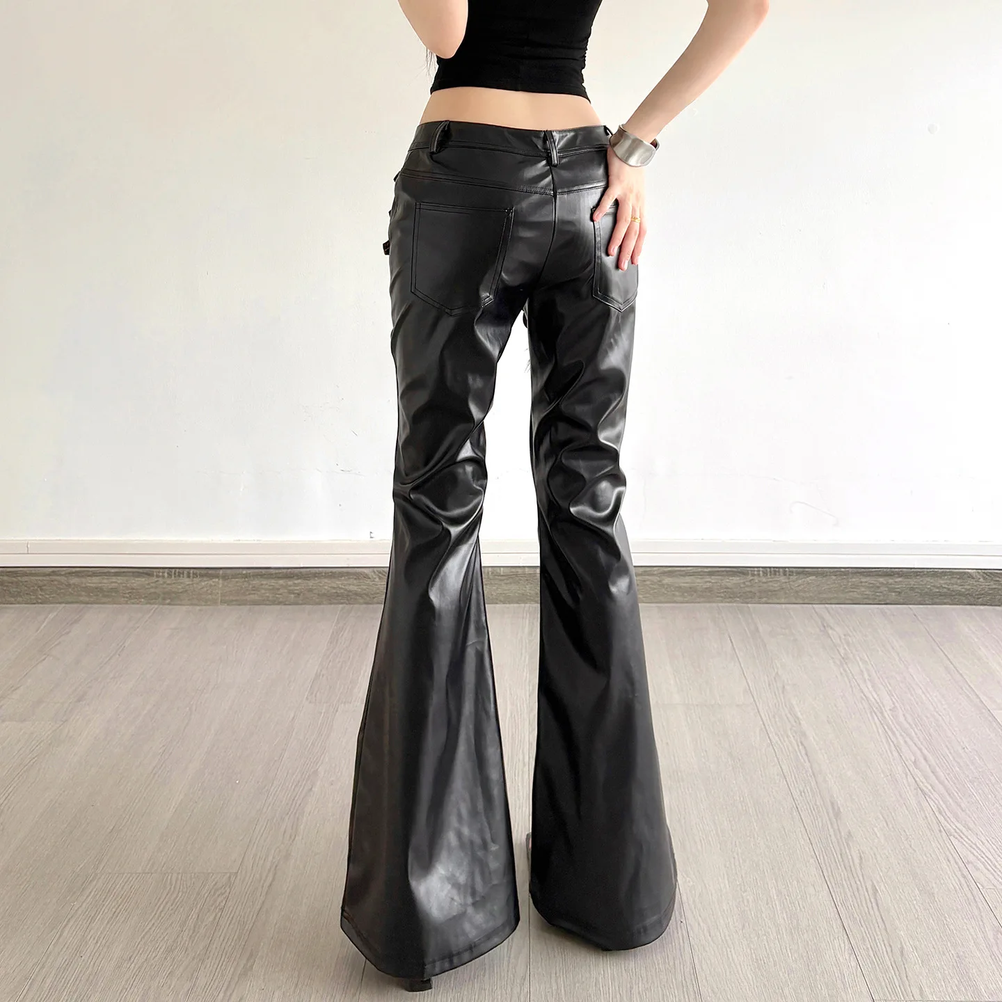 Autumn New Leopard Print Patchwork Pu Pants American Casual Fashion Retro Women's Low Waist Slim Leather Flared Trousers
