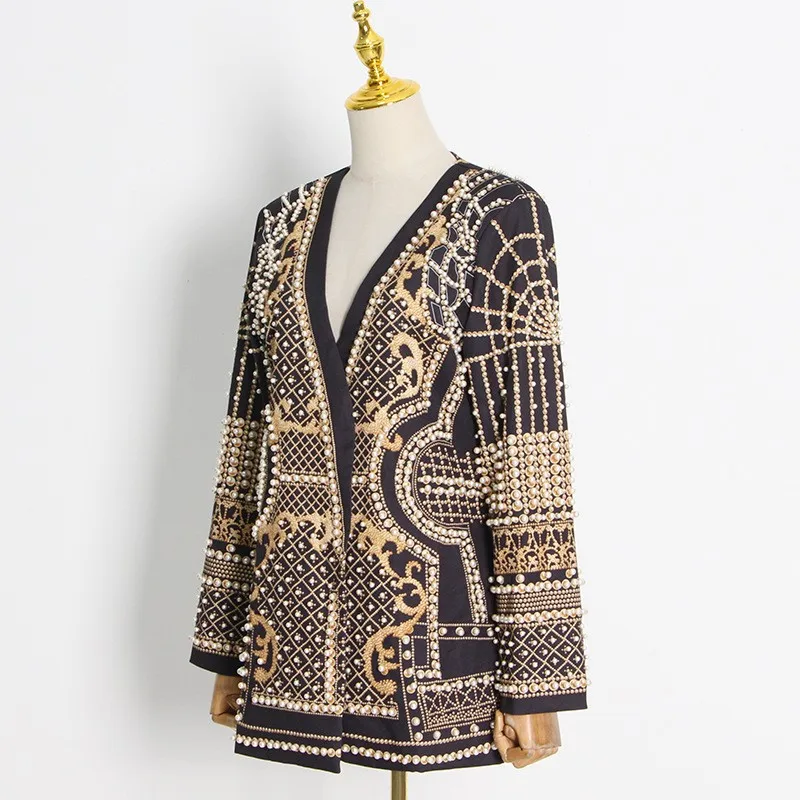 Printed Long Sleeve Suit Mid Length Literary Retro with Concealed Button Placket Regular Sleeve V Neck No Hood Autumn Women Suit