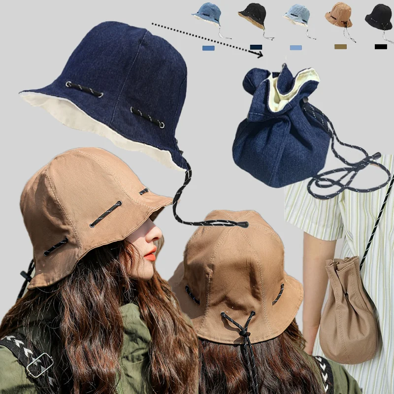 

Two-sided Denim Fisherman Hat Portable Dual-use Cap Multifunction Short Brim Light Outdoor Women Men Slung Backpack Panama Hats