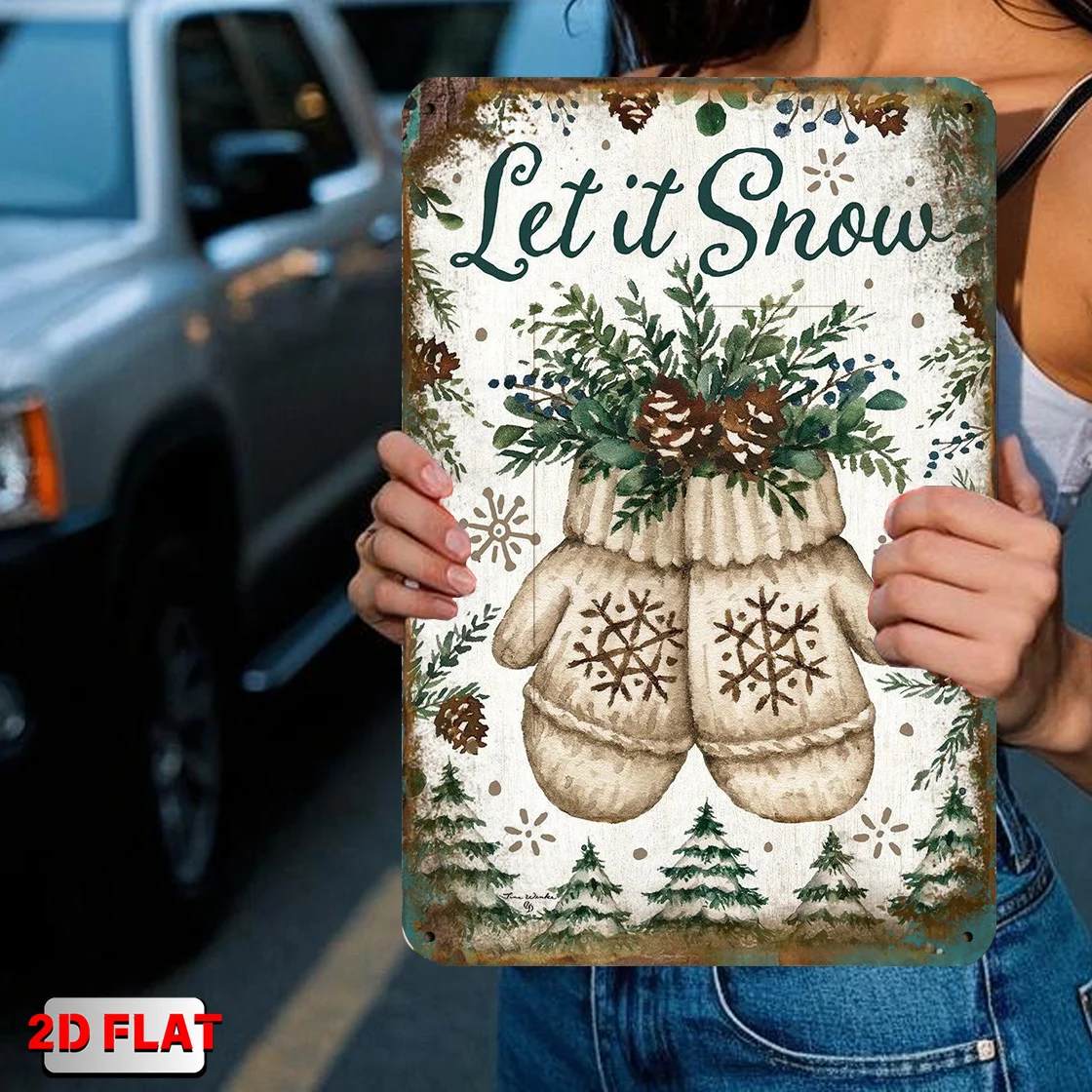 2D Flat, 1pc Vintage Winter Snowy Mittens & Pine Cones Metal Wall Decor - Rustic Farmhouse Iron Sign with 