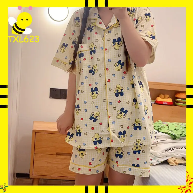Tamagotchi Mameiji Women Summer Pure Cotton Short Sleeve Shorts Pajama Set Japanese Anime Game Cartoon Peripheral Sleepwear