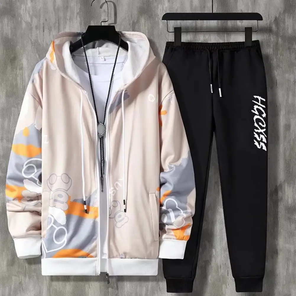 2 Pcs/Set Men Coat Pants Suit Hooded Letter Print Drawstring Loose Jogging Set Hip Hop Ankle-banded Men Sportwear Tracksuit