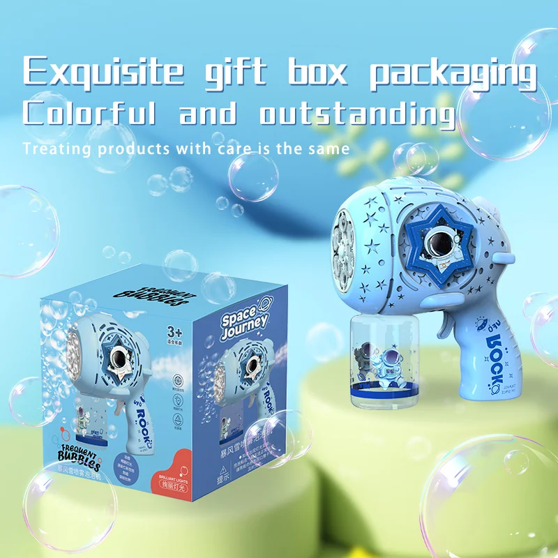 O spray traseiro da metralhadora elétrica de bolhas blizzard gira para produzir bolhas. É um presente de festival para meninos e meninas