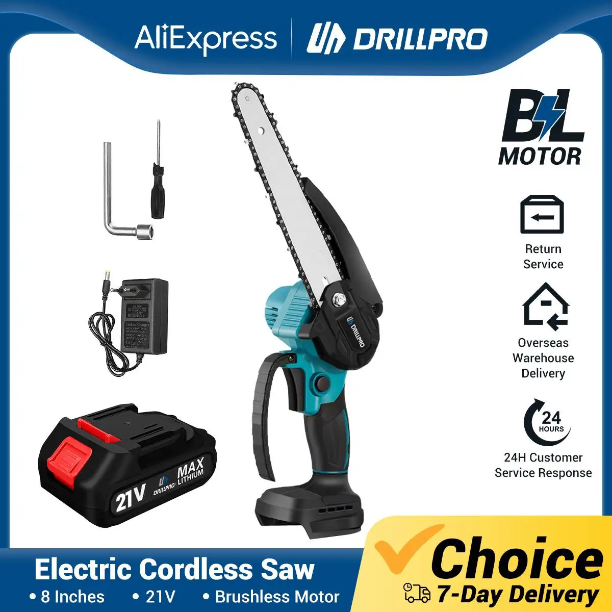 

Drillpro 8 Inch Brushless Chain Saw Mini Handheld Pruning Chainsaw Woodworking Electric Saw Cutting Power Tool forMakita Battery