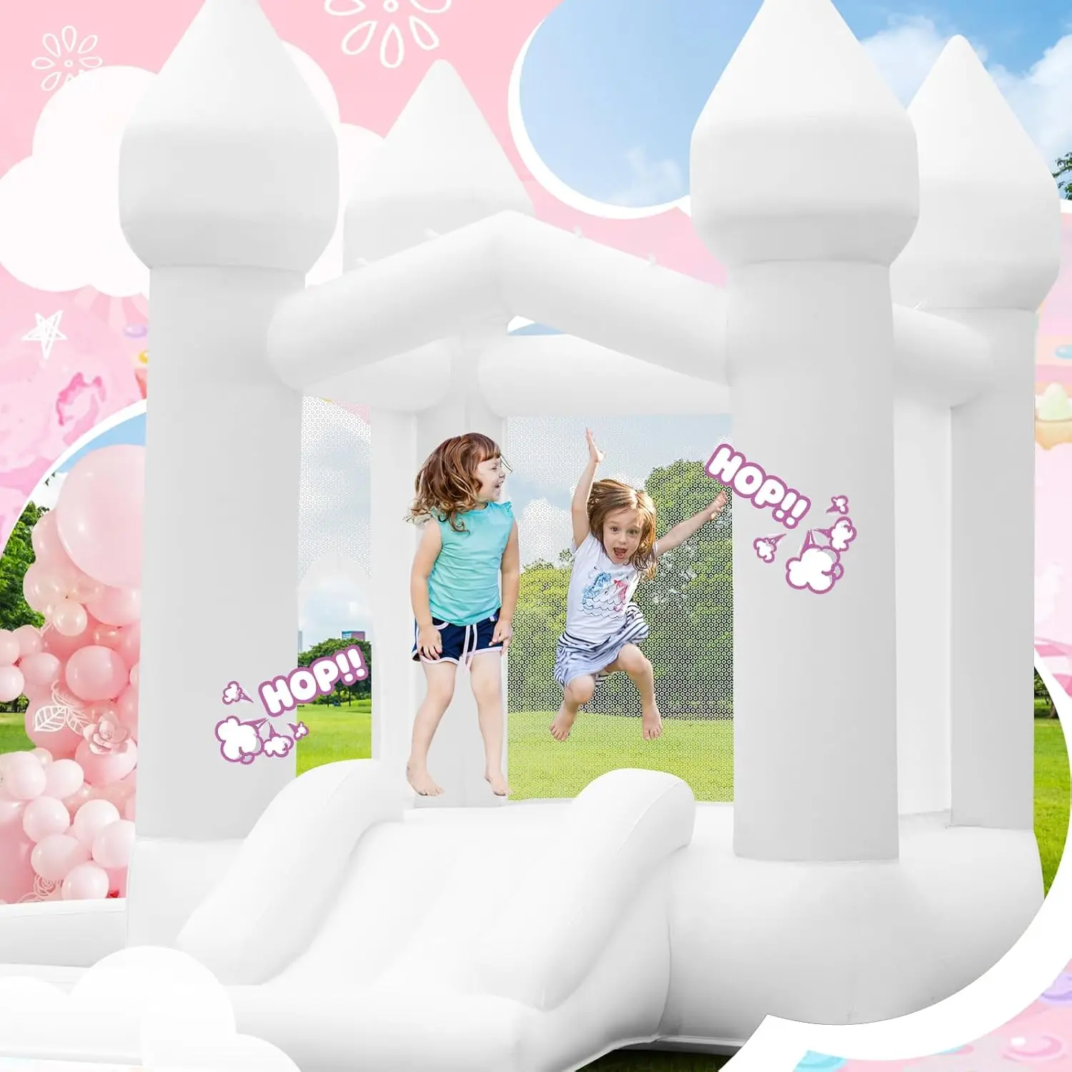 White Bounce House, Inflatable Bouncer with Air Blower,Indoor & Outdoor Bouncy Castle with Big Ball Pit for Wedding