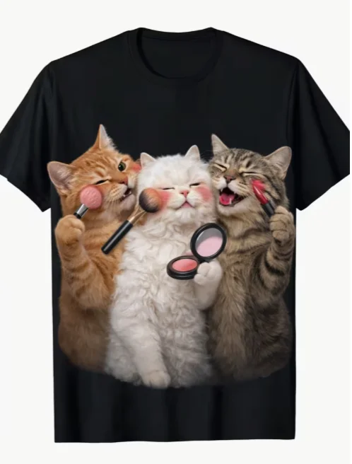Sommer-T-Shirt mit niedlichem Katzen-Umarmungsmuster für Herren und Damen, lustiges schwarzes T-Shirt mit Katzenmuster und lässigem Rundhalsausschnitt – Detail 4