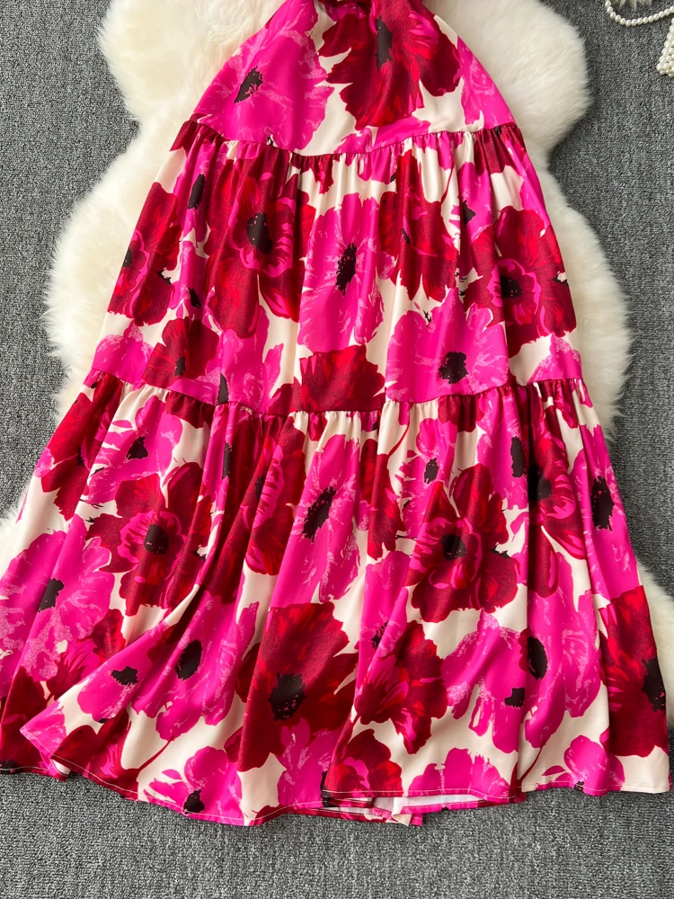 Frauen gedruckt langes Kleid Sommer plissiert träger lose Urlaubs kleider Damen schlanke A-Linie ärmellose Blumen Boho-Stil lange Robe