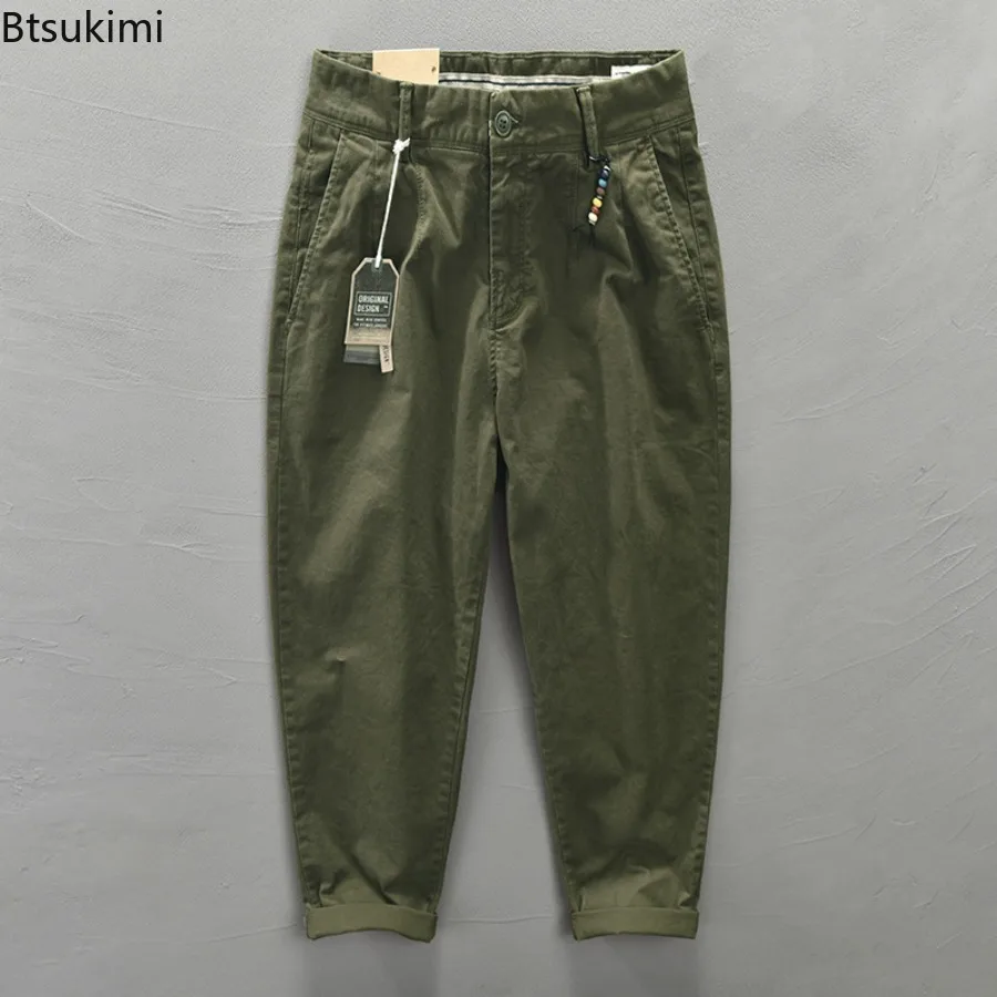 2025 Men's Cotton Vintage Cargo Pants Spring Autumn Fashion Beading Design Solid Baggy Pants Casual Streetwear Men Joggers Pants