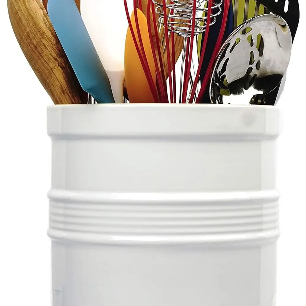 

Large White Stoneware Tool Crock with Silver Turntable Set RSVP