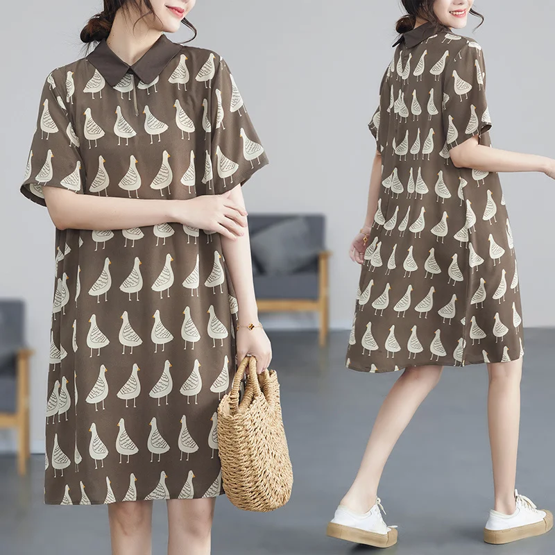 #3450 Summer 2023 Printed Shirt Dress Women Polo Collar Loose Vintage Chiffon Dress Short Sleeve Knee-length Retro A-Line Dress