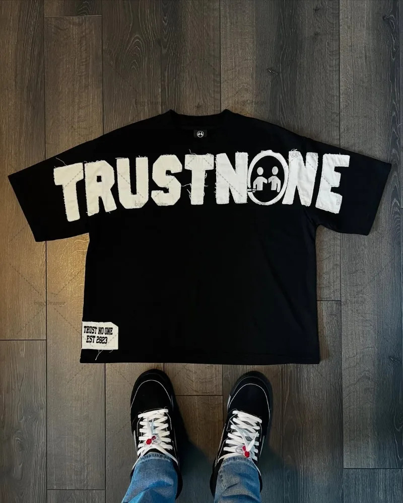 2025 New Trendy Brand Casual Loose Letter Design T-shirt Men Street Hip-hop Fashion Cotton Retro Y2K Harajuku Oversized Top