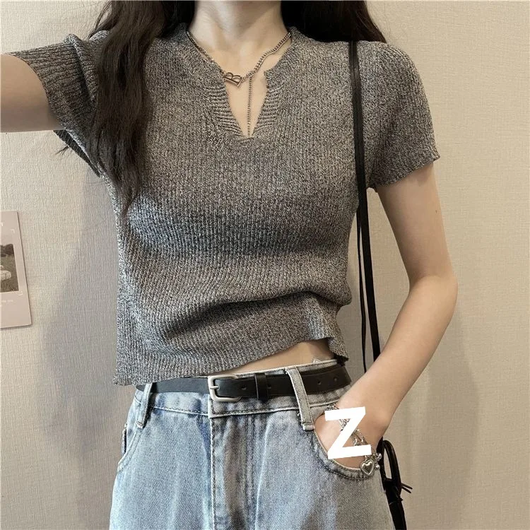 

Женская футболка из ледяного шелка с коротким рукавом и V-образным вырезом, летняя новинка, приталенная, серая, для стройных девушек