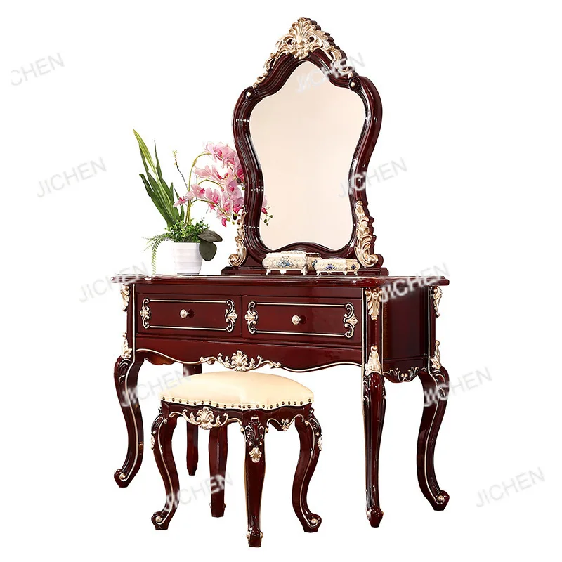 

Европейский туалетный столик для спальни, принцессы из цельного дерева, интернет-знаменитости, табурет для макияжа с ветровым поясом, 1-метровая маленькая квартира