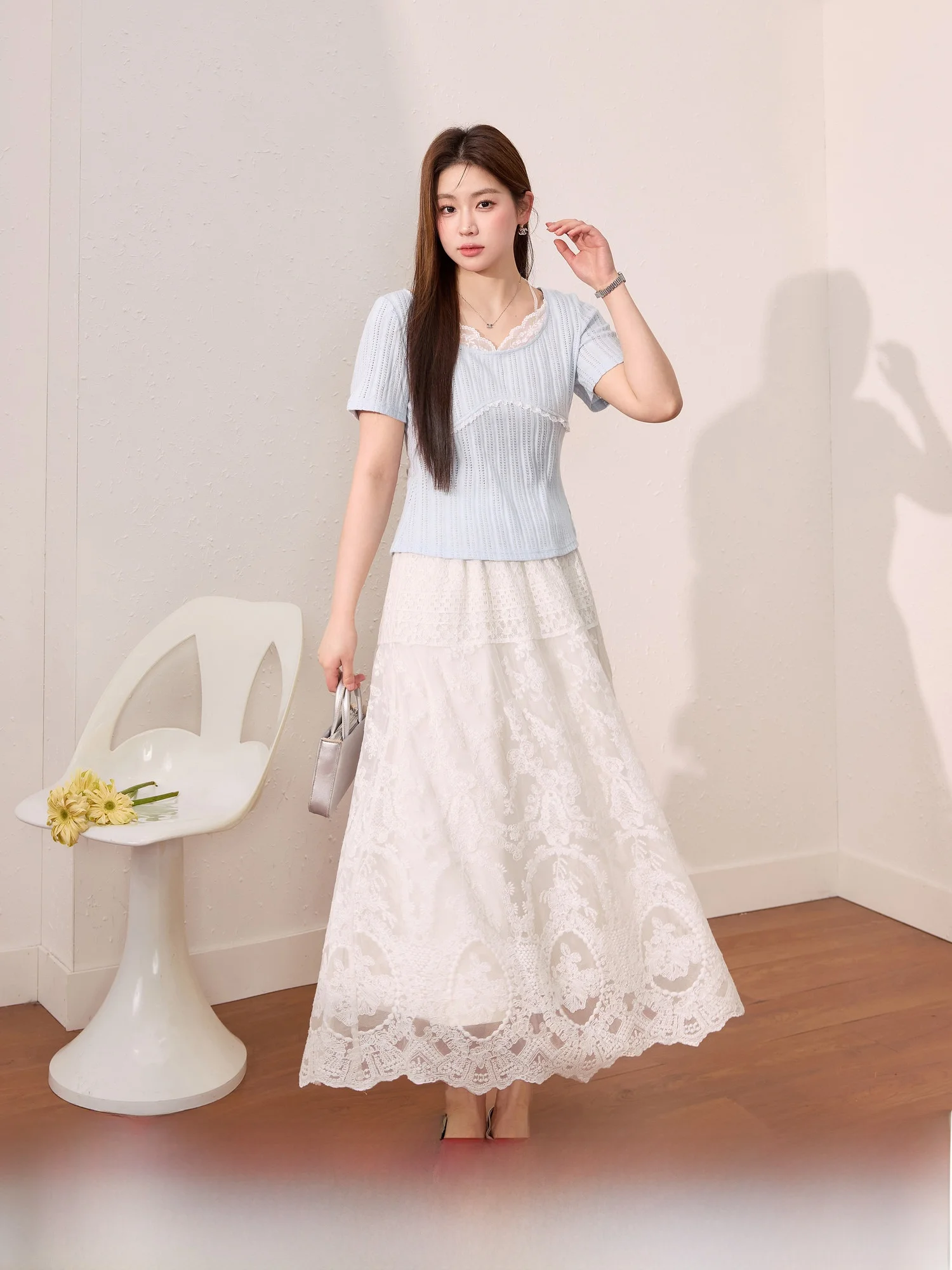 

Blue Language Large Size Women's Sweet Lace ort Sve T-irt Breathable Hollow out Beautiful Top Summer New Sle Commute