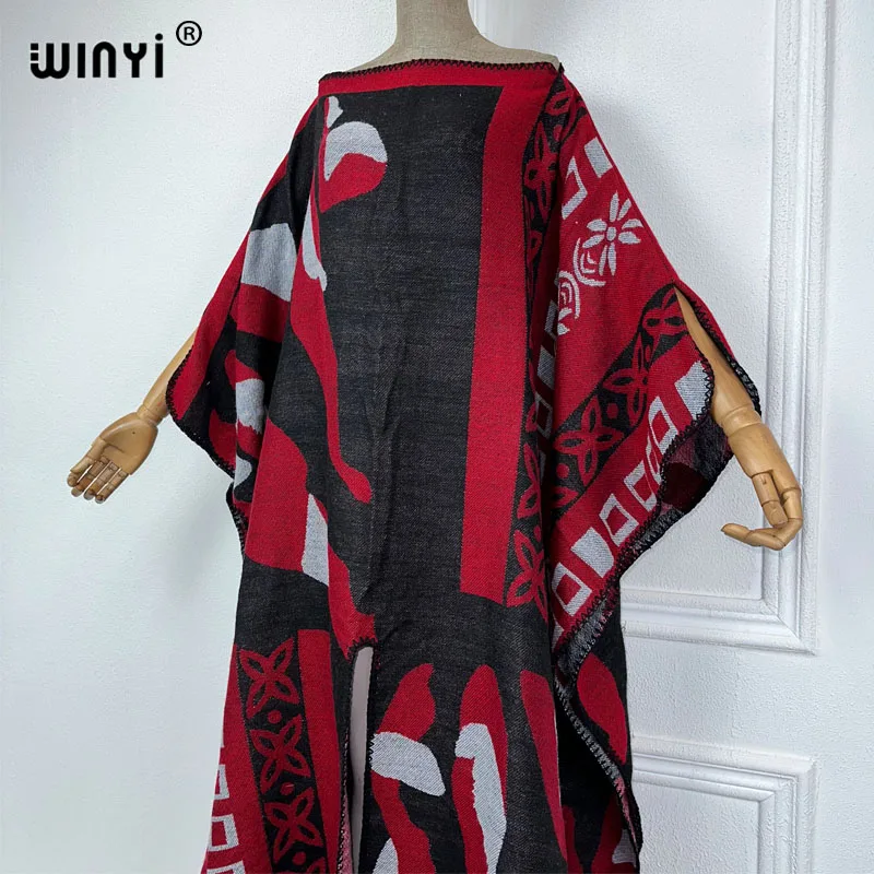 Winyi 2023 Print Comfort Warm Mode Kaftan Vakantie Jurk Elegante Afrika Vrouwen Boho Feest Winter Kleding Voor Vrouwen Lange Jurk