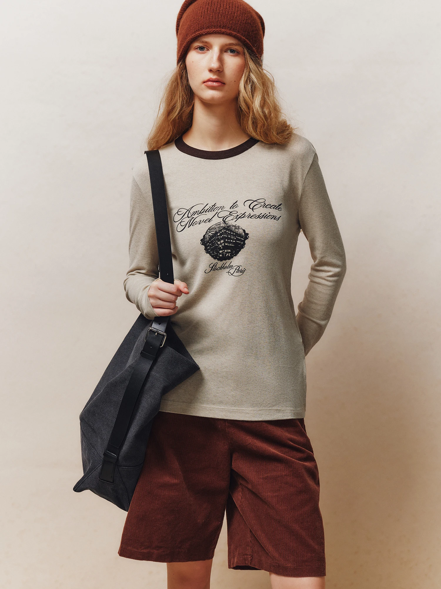 Lcellose Wool Blend Long Sleeve round Neck T-Shirt Women's Base Layer Top American Relax Style Citywalk Printed Casual Shirt