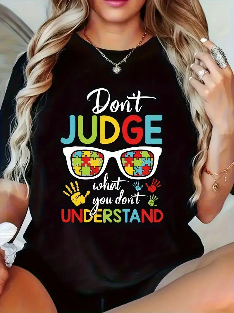 T-Shirt Featuring The Phrase Don't Judge What You Don't Understand With A Puzzle Glasses Graphic For Everyday Casual Daily Wear