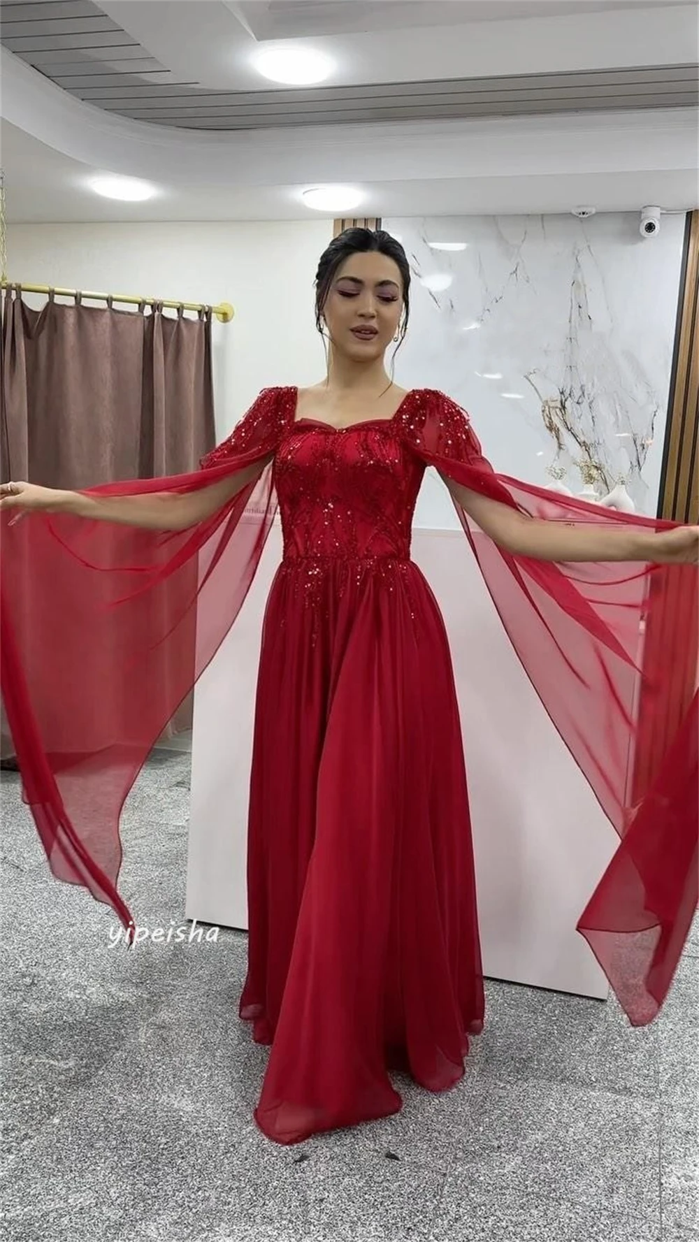 Robe de Bal en Mousseline de Soie Drapée à Paillettes, Ligne A, Col Carré, sur Mesure, pour Occasions sulf