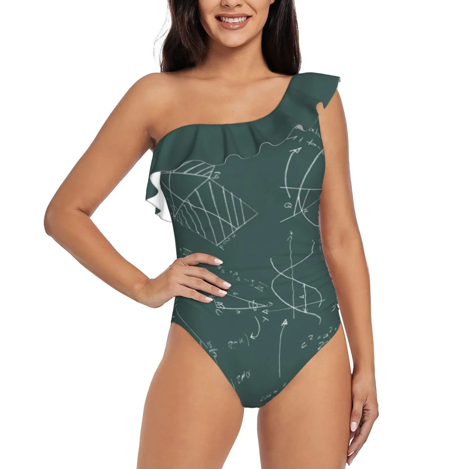 

Math Science Formulas Blackboard One Shoulder Ruffle Swimsuit Print Swimwear Female One Piece Monokini Bathing Suit Math