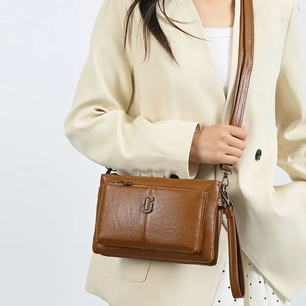 Casual Multi-Layer Crossbody Bag Solid Color Versatile Shoulder Bag PU Leather Messenger Handbag For Women
