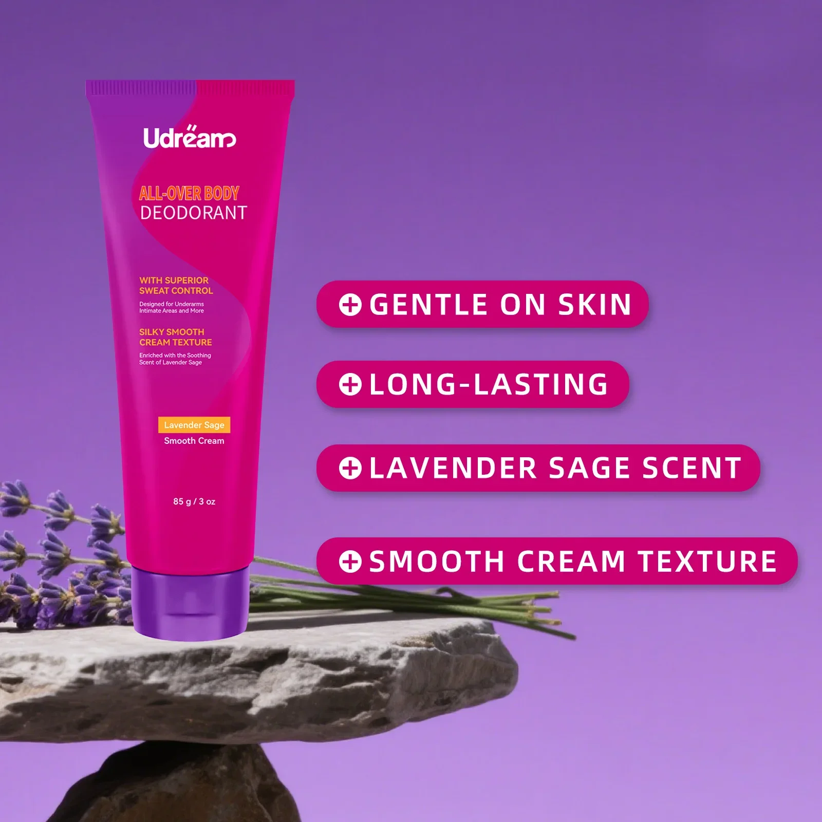 كريم مزيل عرق الجسم بالكامل 85 جرام مع اللافندر والمريمية، التحكم في العرق والرائحة خلال 24 ساعة، ناعم حريري للبشرة الحساسة تحت الإبطين