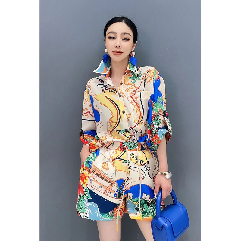 Vefadisa 2024 Summer New Shorts Set Printed Short sleeved Shirt Lace up Shorts Casual Elegant Loose Women's Set WXY075