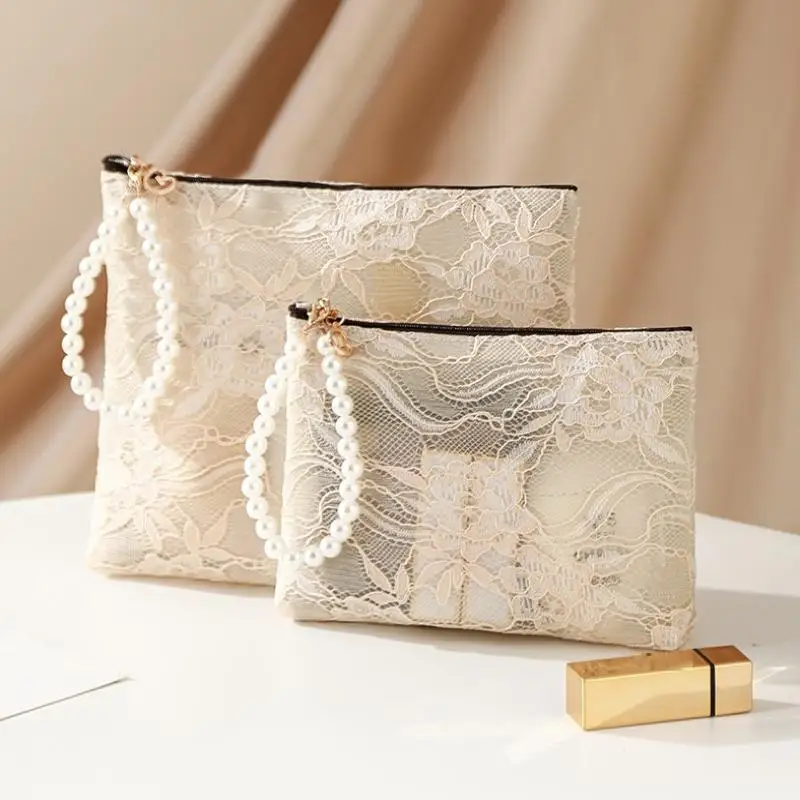 Lace Makeup Bag with Pearl Wrist Strap, Semi‑Transparent Design, Cosmetic Pouch for Daily Storage & Travel Use