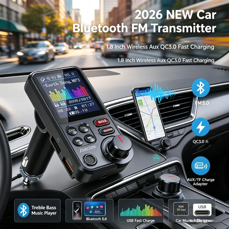 Car Kit Wireless FM Transmitter Large Color Screen QC3.0 2.4A Dual USB Charger Hands‑Free Call AUX MP3 Radio Modulator