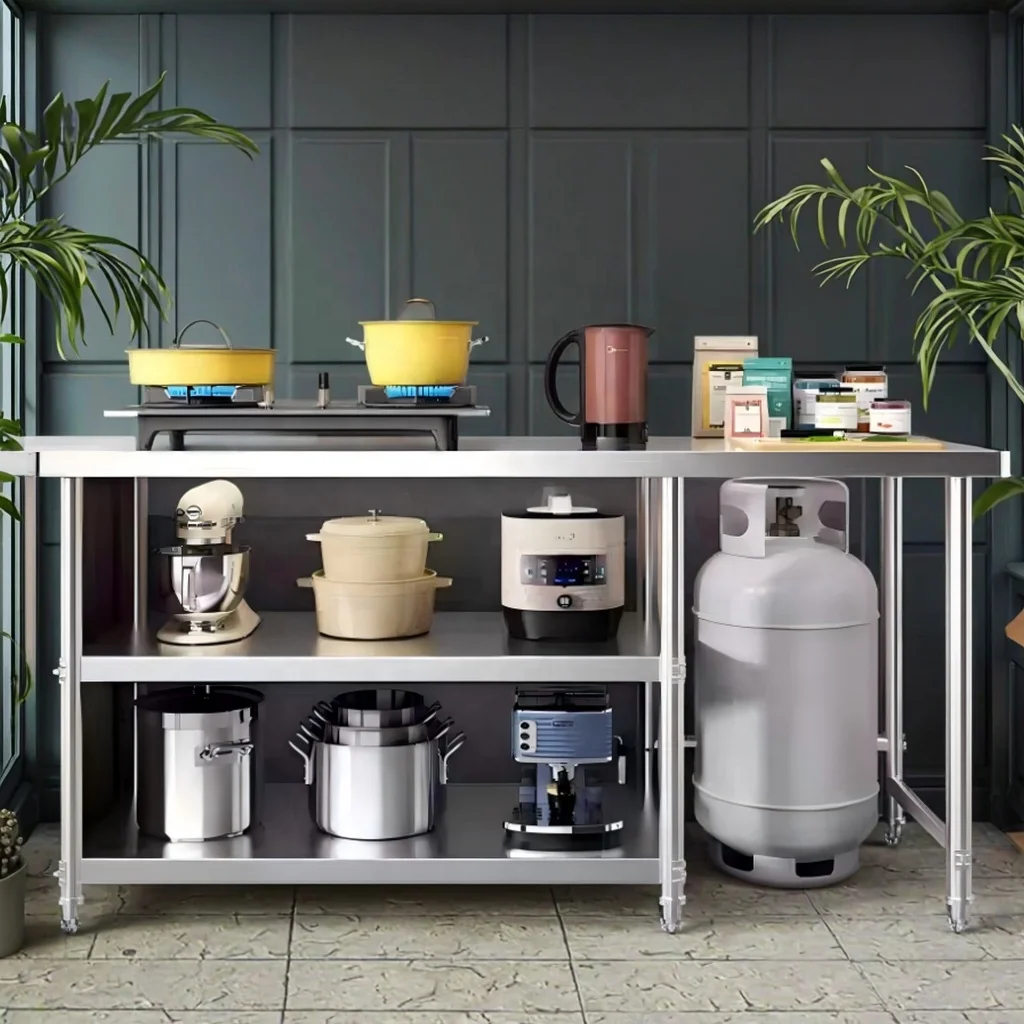 Custom three-story stainless steel kitchen countertops with liquefied gas stove mounting brackets to support the stove