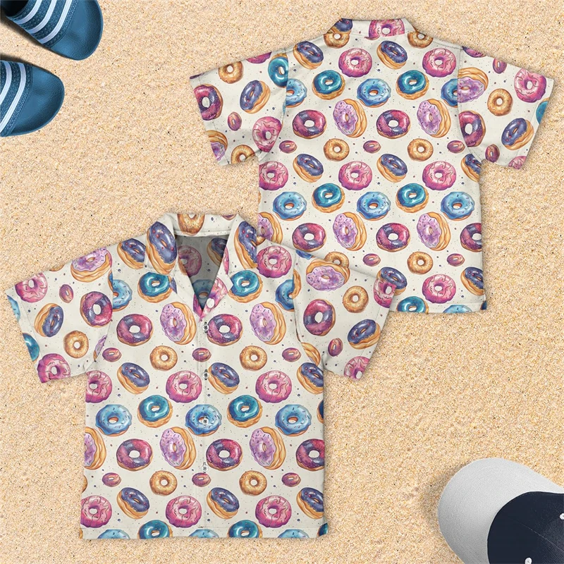 Baju pantai grafis donat Kawaii baju pantai makanan kasual blus lengan panjang makanan ringan kartun blus kerah donat atasan Makanan Penutup