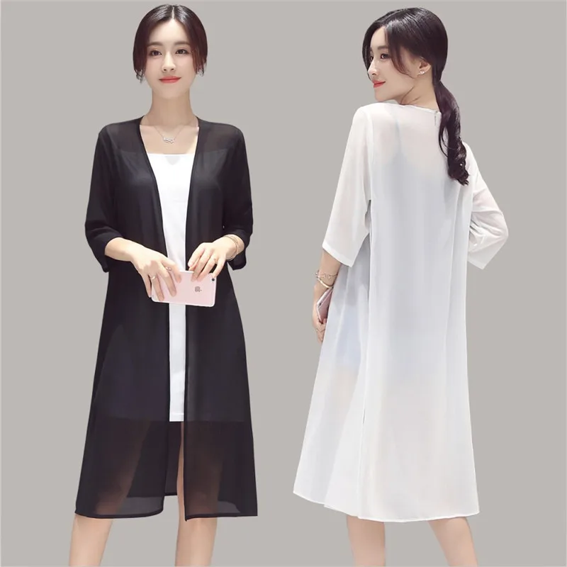 2024 new summer women long chiffon split cardigan solid casual three quarter sleeve black blue white fashion thin cardigan