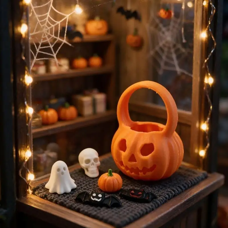 Halloween Mini Dollhouse Decor Set Realistic Pumpkin Basket Ghost Skull Figurines For DIY Tabletop Display