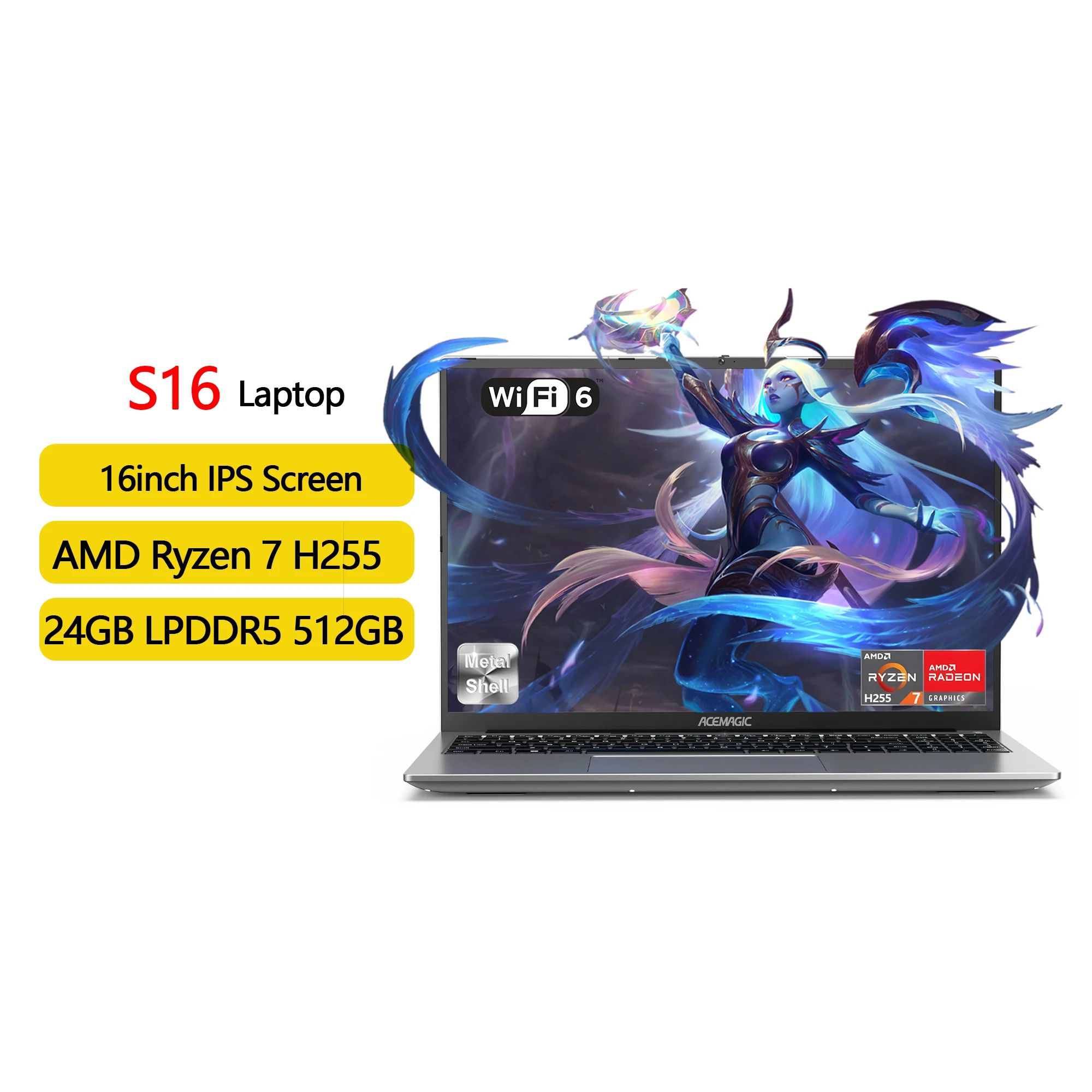 ACEMAGIC S16 Laptop 16Inch Gaming Laptop - Ryzen 7 H255 - 24GB LPDDR5 512B NVMe SSD - AMD Radeon 780M - WiFi6 - BT5.2 - Windows 11 Pro