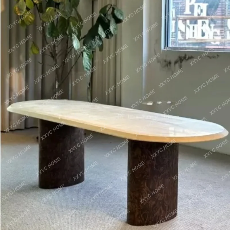 Medieval solid wood retro marble dining table artistic home villa oval dining table