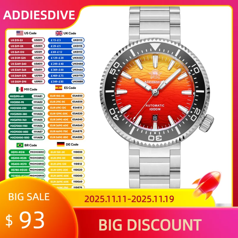 

ADDIESDIVE 2025 New Mens Diving Watch Sapphire Glass 1000m Waterproof Automatic Mechanical Watches Stainless Steel Ceramic Bezel
