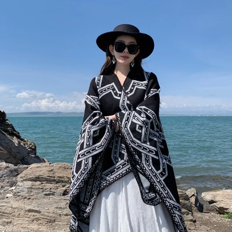 Poncho de Caxemira Imitação para Mulheres, Lenços Femininos, Xales Quentes, Envoltórios Foulard, Capas Poncho, Moda Inverno