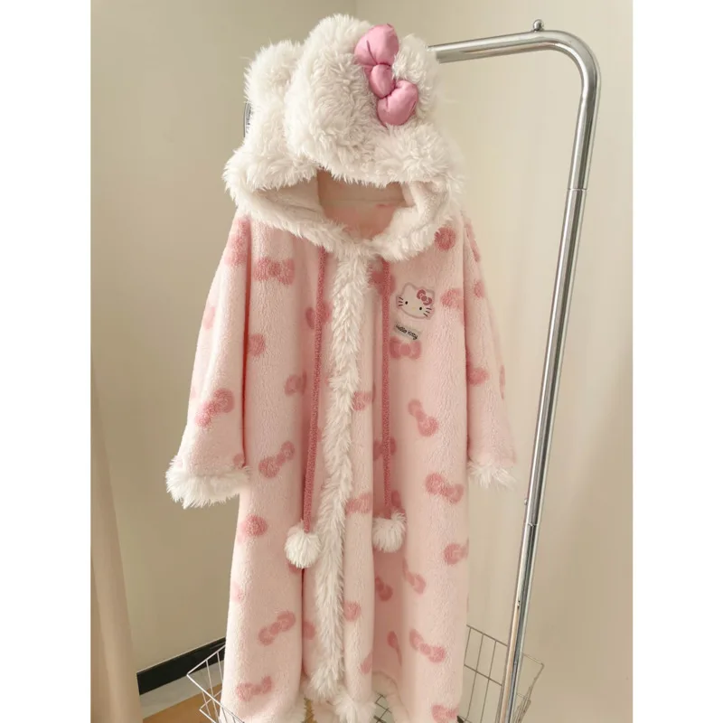 New Sweet Furry Hooded Hello Kitty Nightgown Coral Fleece Plush Sleepwear Robe Winter Women's Cute Oversize Home Casual Clothes