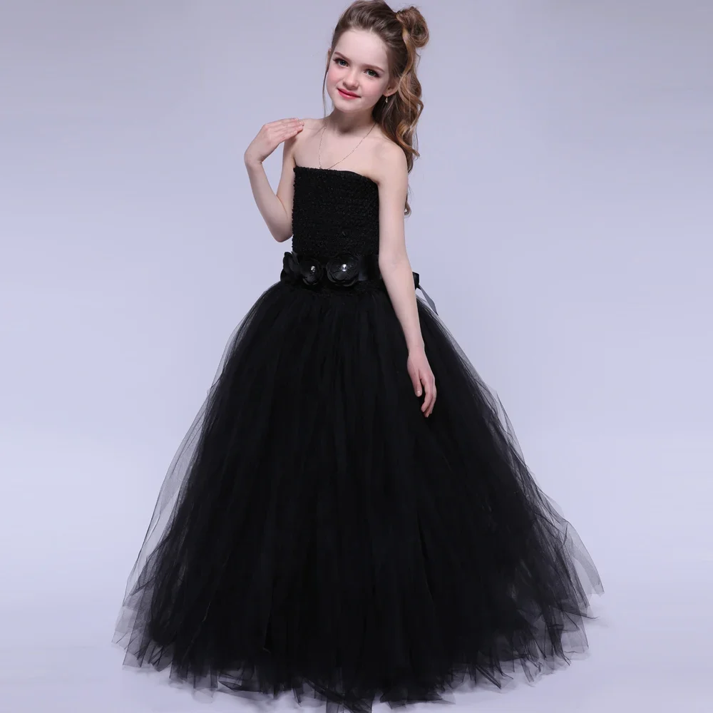 Girls Black Tutu Dress Long Tulle Flower Girl Dresses Children Pageant Evening Party Dresses Ball Gown Kids Halloween Costumes