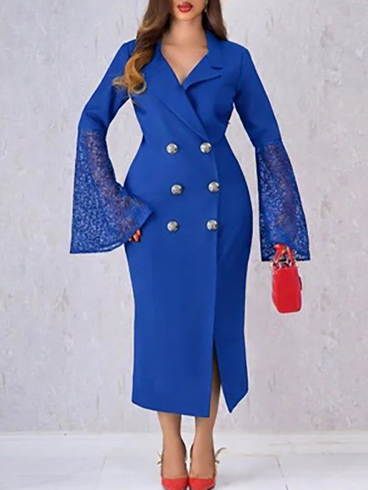 Women Elegant Office Blazer Dress Sexy Lapel Double Breasted Flare Lace Long Sleeve Maxi Dress Casual Formal Evening Party Dress