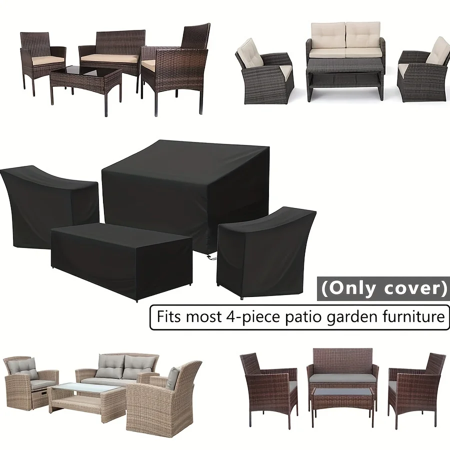4Pcs 210D Oxford Outdoor Furniture Cover Set Heavy‑Duty Waterproof Windproof Black Drawstring Patio Rattan Sofa Protector