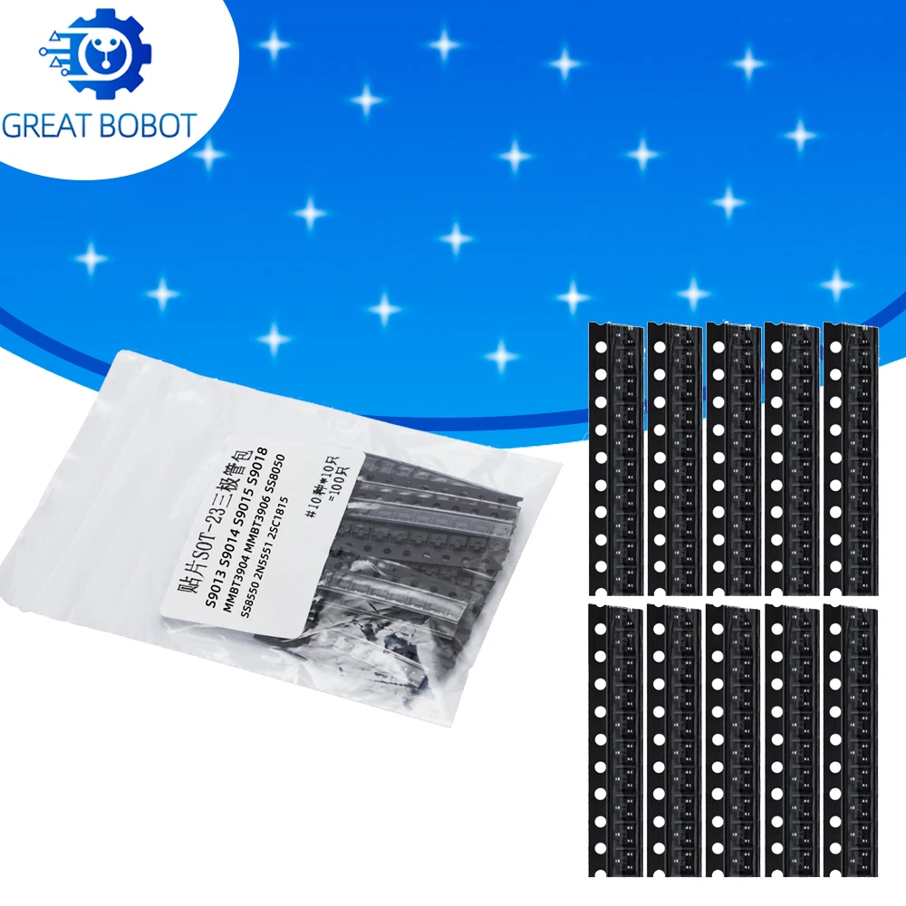 Mixed SOT-23 SMD Transistor Kit, 10 Types 10Pcs Each Assorted Transistor Set for Circuit Repair & DIY